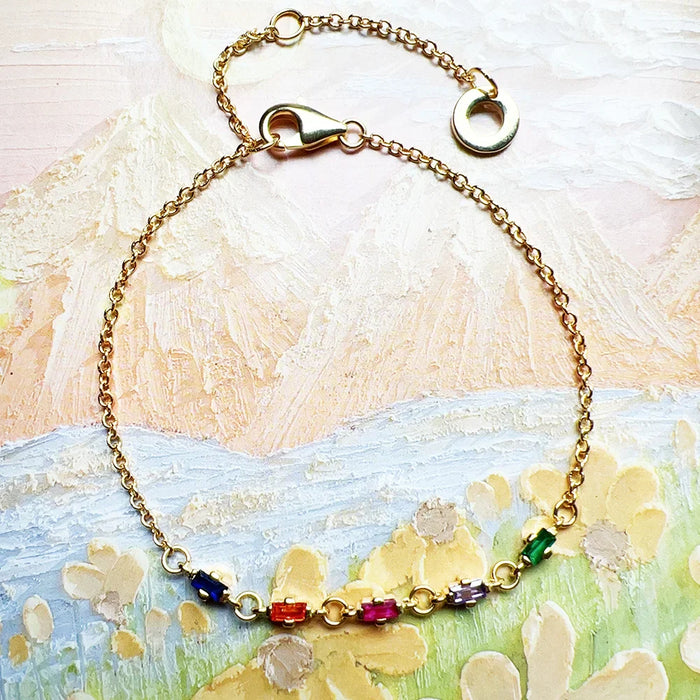 925 Sterling Silver Rainbow Stone Golden Bracelet Boho Jewelry For Women