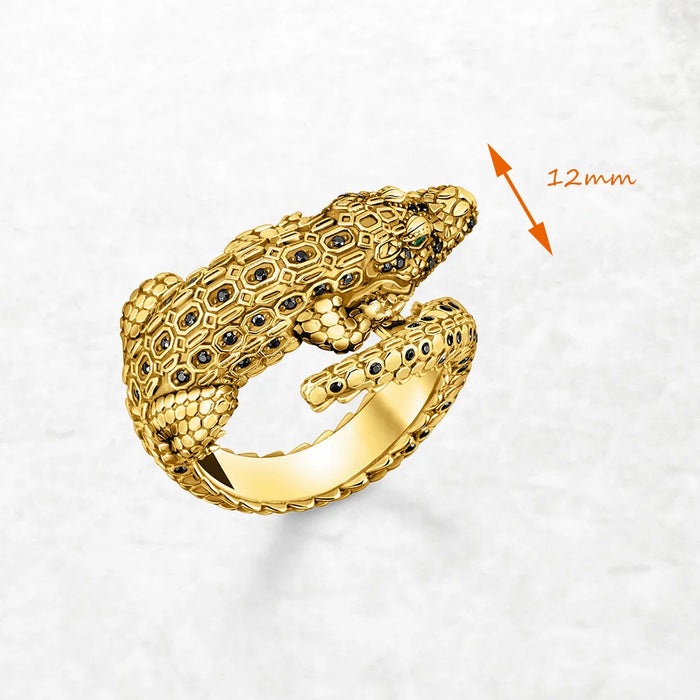 925 Sterling Silver Vintage Crocodile Ring Yellow Gold Plated Unisex