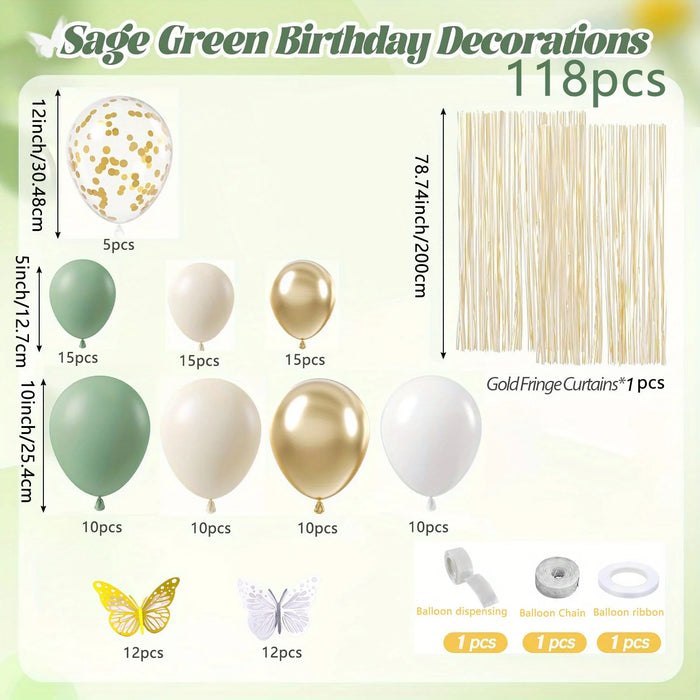 118Pcs Sage Green Decoration Set Gold Rain Curtain Suitable For Engagement Proposal Birthday Mother'S Day Anniversary Decoration
