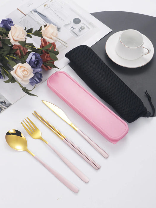 4 Piece Portable Cutlery Set With Box Knife Fork Spoon Chopsticks