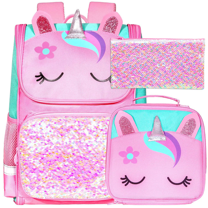 3 Piece Sequin Backpack Set For Kids Unicorn Dinosaur Cat