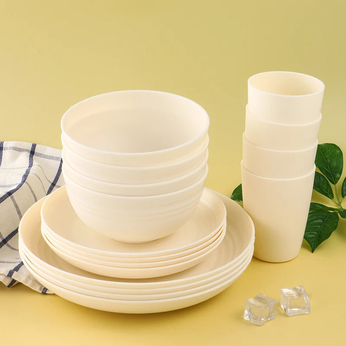 4 / 16 Piece White Plastic Tableware Set Plates Bowls Cups Fruit & Dessert