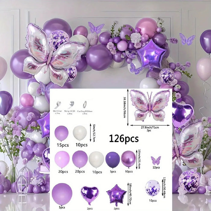 126Pcs Purple Butterfly Balloon Set Containing Butterfly Shaped Aluminum Balloons For Birthday Wedding Decoration.