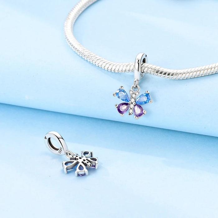 925 Sterling Silver Blue Purple Zircon Butterfly Pendant Charm For Women Bracelet