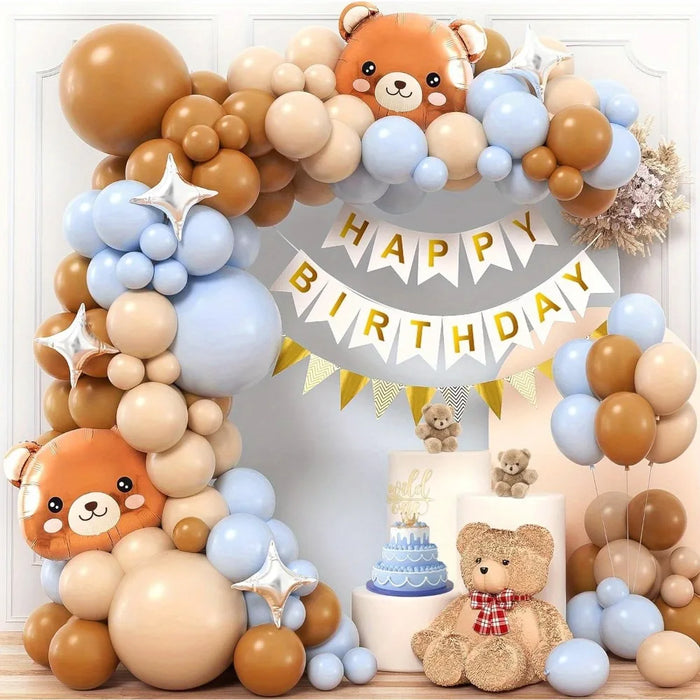 113Pcs Brown Birthday Balloon Set With Bear Shape Aluminum Balloon For Birthday Party Event Celebration Festival Party