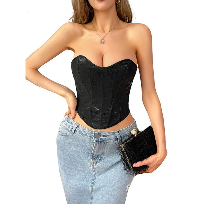 13 Women Gothic Bone-Supported Backless Bustier Pu Leather Corset Top With Back Zipper