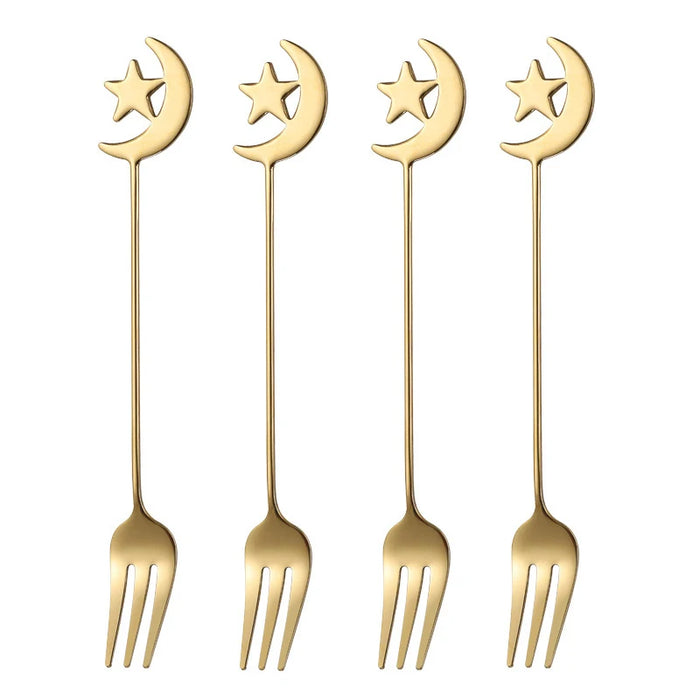 4 / 8 Piece Stainless Steel Star Moon Spoon & Fork Set For Coffee & Dessert