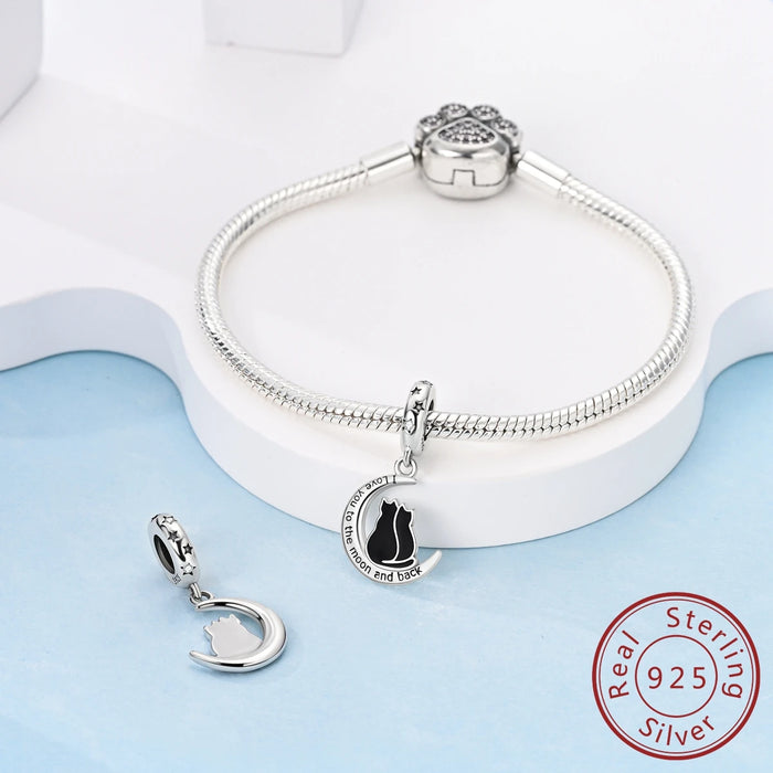 925 Sterling Silver Star Moon Cat Pendant Fits Bracelet Diy Gift For Women