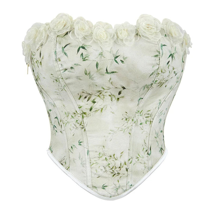 Floral Lace Trim Boned Corset Y2K Zipper Adjustable Flower Applique Full Breast Lifter Zip Up Cropped Top For Women