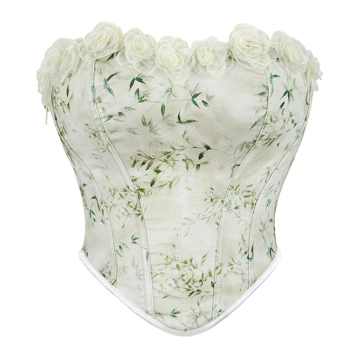 Floral Lace Trim Boned Corset Y2K Zipper Adjustable Flower Applique Full Breast Lifter Zip Up Cropped Top For Women