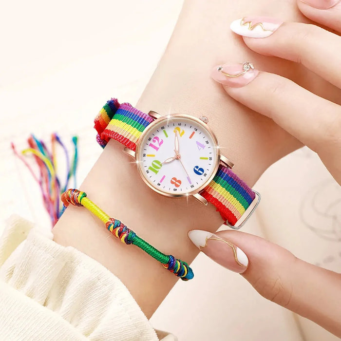 Colourful Rainbow Canvas Strap Mens Watch Set