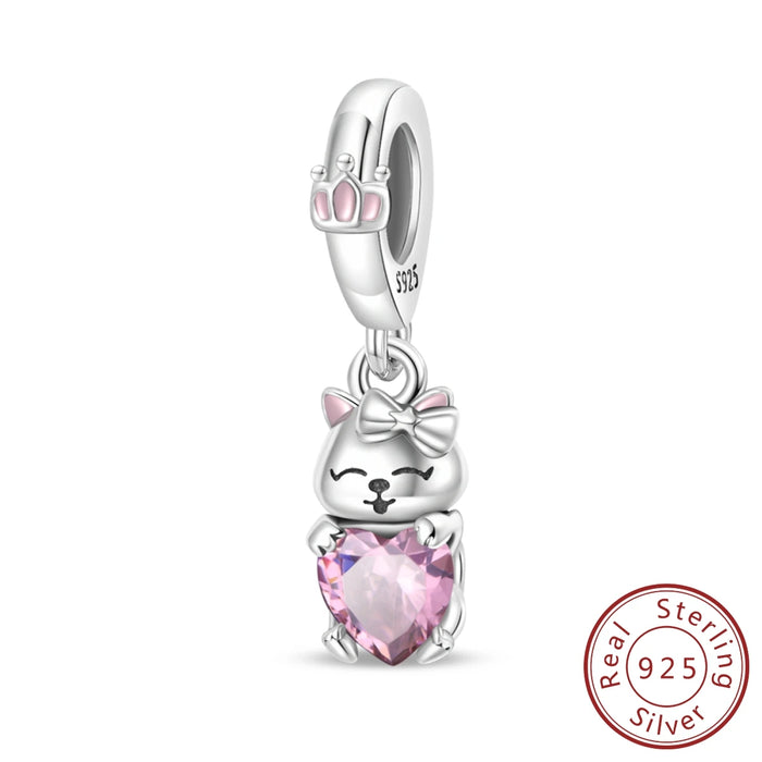 925 Sterling Silver Pink Cat Charm Pendant For Women Bracelet Diy Gift