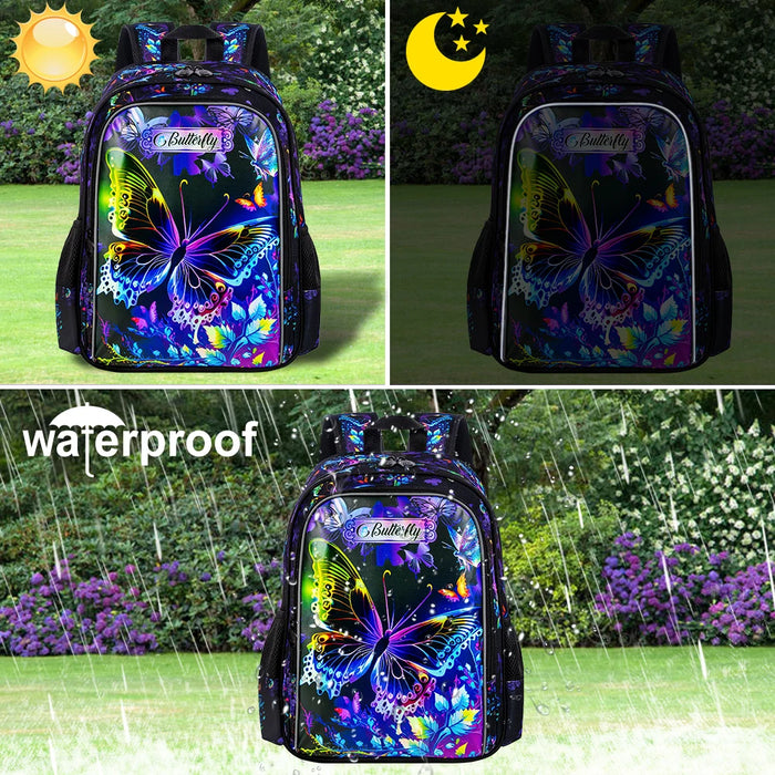 3 Piece 16 Inch Girls Butterfly Backpack Set With Lunch Box For School Preschool Kindergarten
