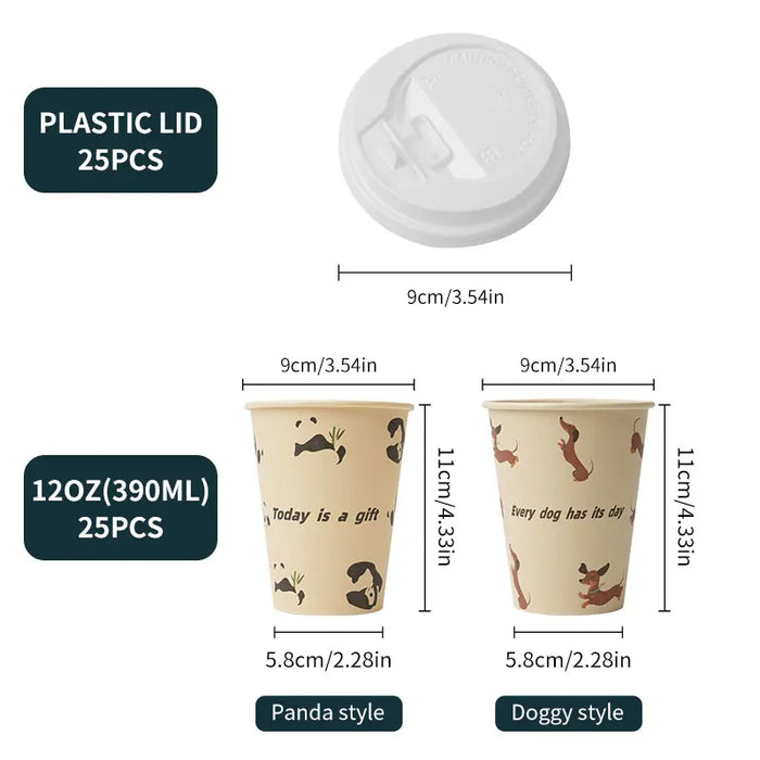 25 Pack 12Oz Eco Friendly Paper Coffee Cups With Lids Cute Panda Design Disposable Takeout Drinkware