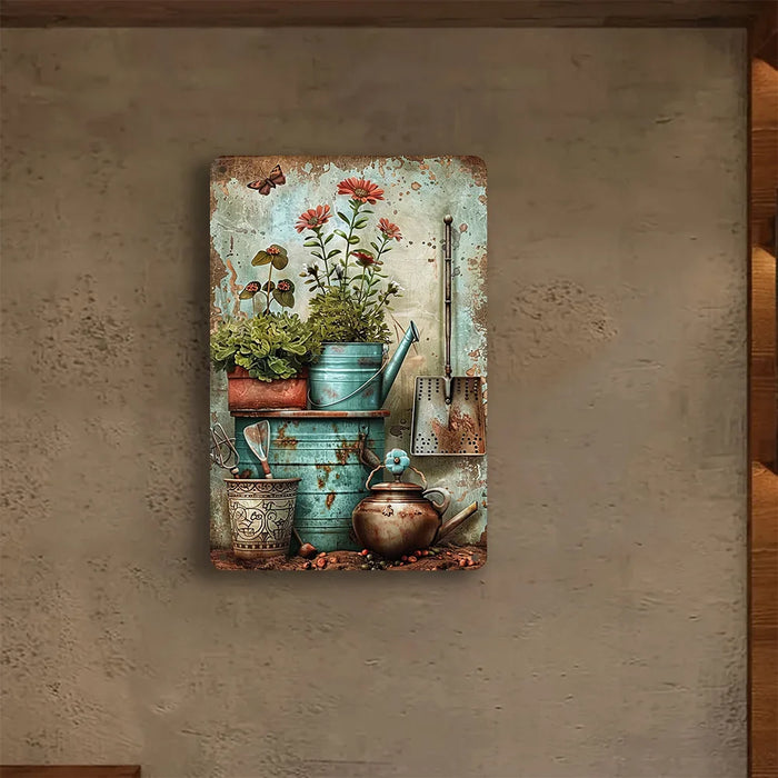 Reusable Vintage Metal Signage With Gardening Tools & Potted Plant Design 2D