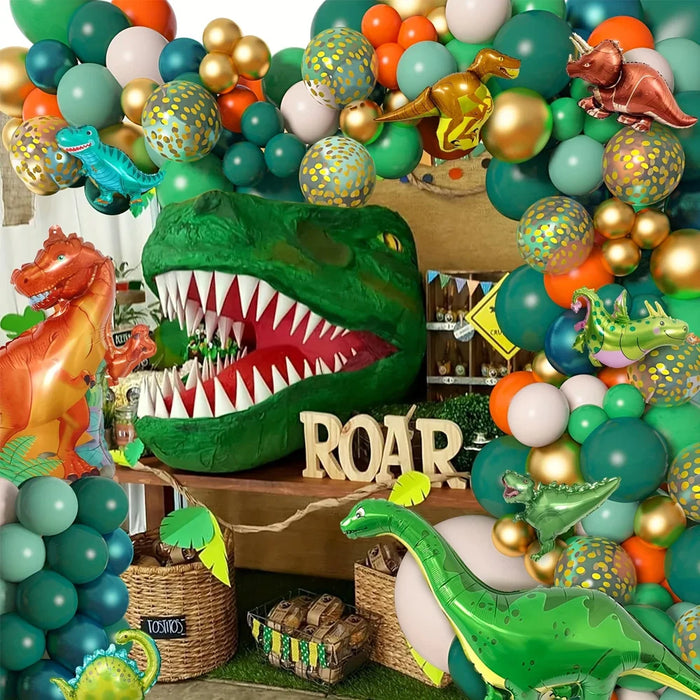 153Pcs Dinosaur Themed Balloon Garland Arch Green Gold Orange Balloon Jungle Party Dinosaur Themed Birthday Party Decorations