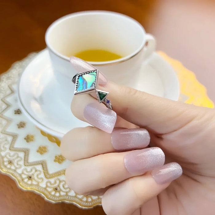 925 Sterling Silver Mother Of Pearl Abalone Zig Zag Ring