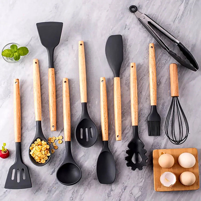 12 Piece Silicone Kitchen Utensil Set With Wooden Handles