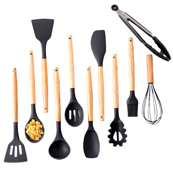 12 Piece Silicone Kitchen Utensil Set With Wooden Handle And Storage Bucket