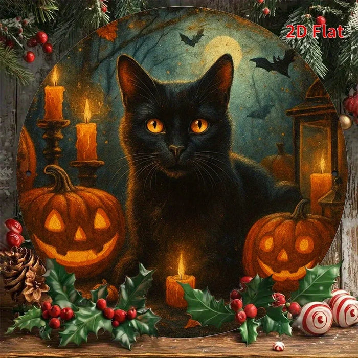 Retro Round Iron Sign Spooky Black Cat & Pumpkin Lantern For Bedroom Or Dining Room