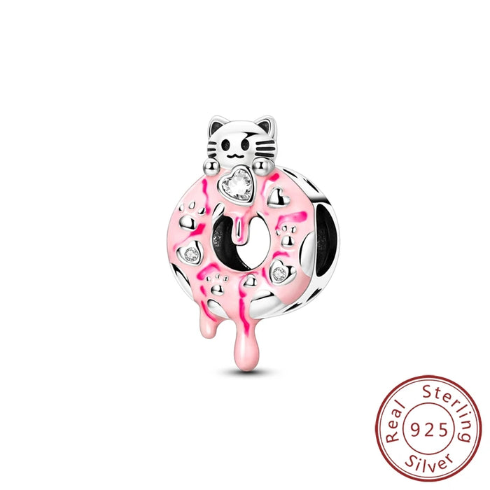 925 Sterling Silver Doughnut & Cat Bead Charms Fits Bracelet Diy Gift For Women