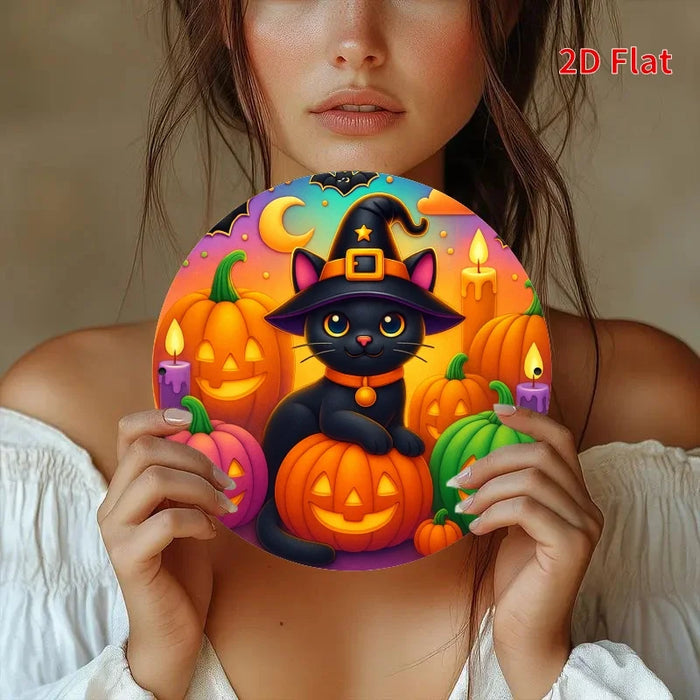 Vintage Halloween Witch Cat & Pumpkins Iron Sign 7.8 Inch Spooky Black Cat