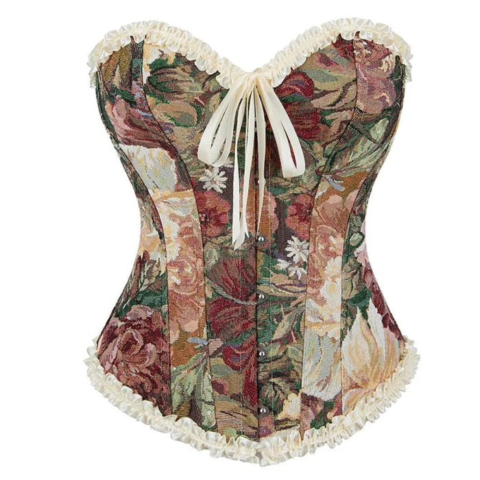 Floral Lace Trim Overbust Corset Women 1920S Retro Bustier With Boning And Front Busk Closure