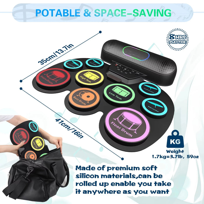 Portable Electronic Drum Set For Kids & Adults 9 Pads Dual Speakers Headset Jack Drumsticks Foot Pedals