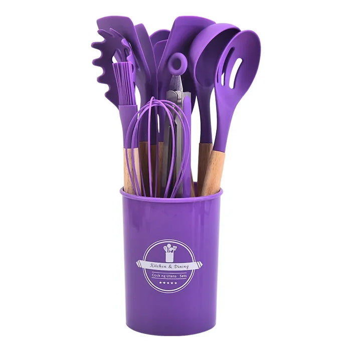12 Piece Non Stick Silicone Kitchen Utensil Set With Wooden Handles