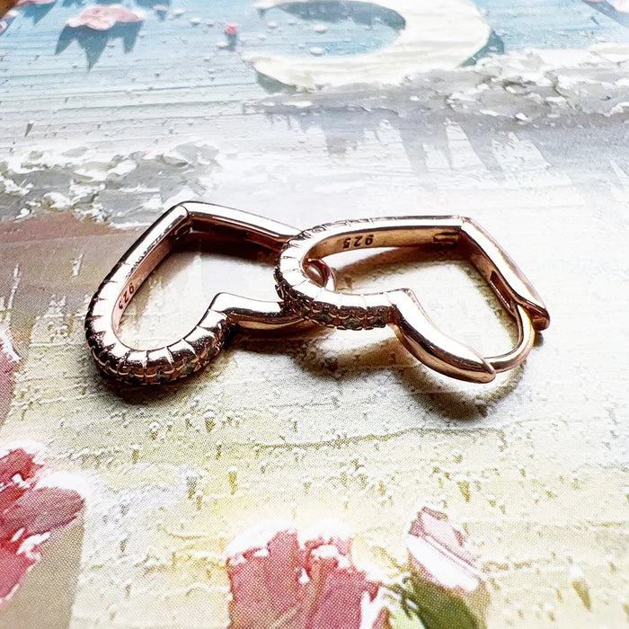 925 Sterling Silver Romantic Gift Rose Gold Heart Hoop Earrings Real Fine Jewelry For Women
