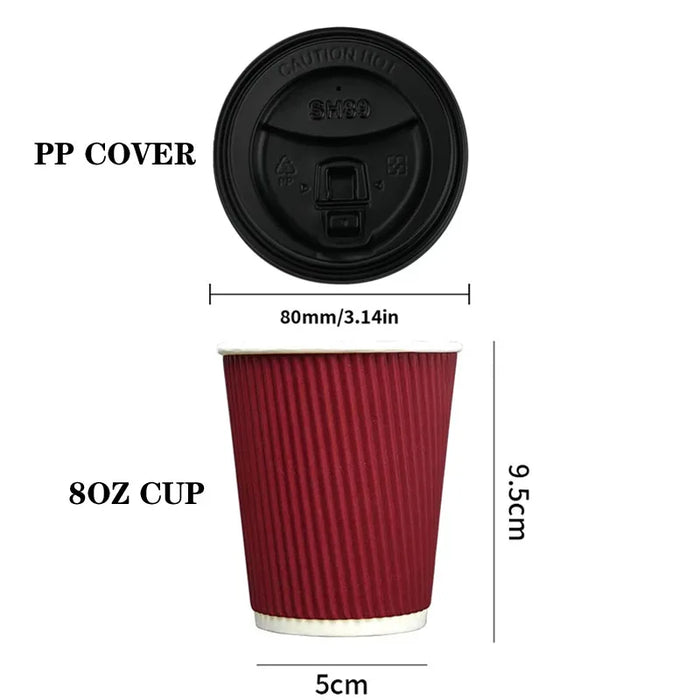 25Pc 8Oz Burgundy Double Wall Insulated Paper Coffee Cups With Lids Portable & Disposable