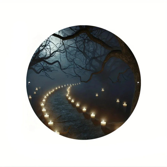 2D Printed Spooky Forest & Pumpkin Round Sign Home Bar Windows Garden