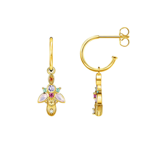 925 Sterling Silver Golden Scarab Beetle Hoop Earrings