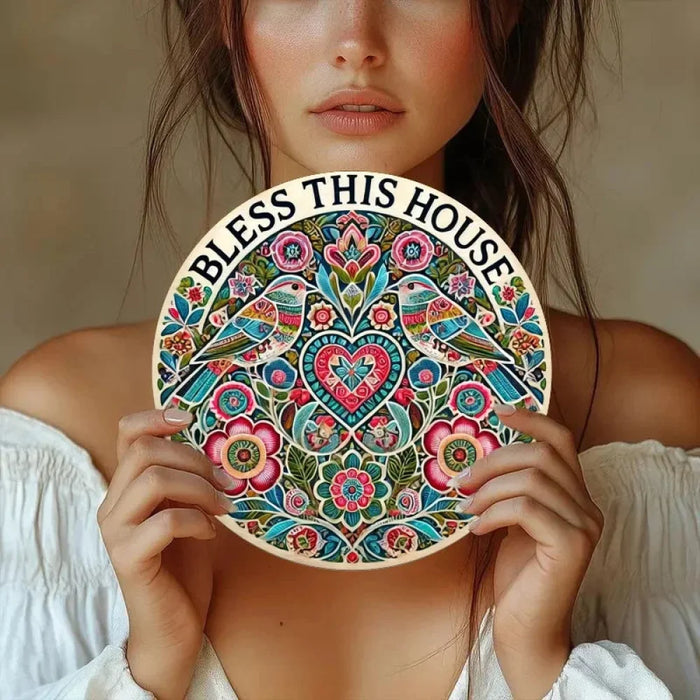 1Pc Blessed House Round Metal Sign Durable Easy To Hang Decor For Bedroom Kitchen