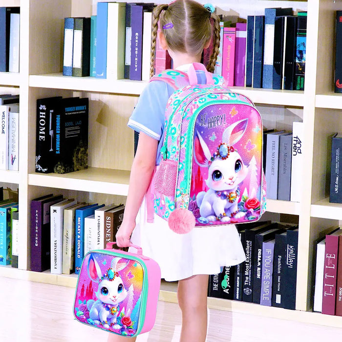 3 Piece Girls Backpack Set 16 Inch Bookbag With Lunch Box For Elementary School