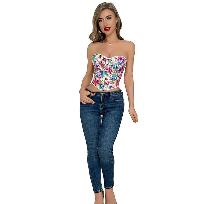 Floral Print Lace Bustier Plus Size S-Xxl Strapless Corset With Boning And Lace-Up Closure