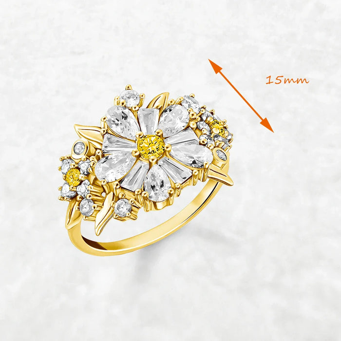 925 Sterling Silver Gold Daisy Cocktail Ring Romantic Gift For Women
