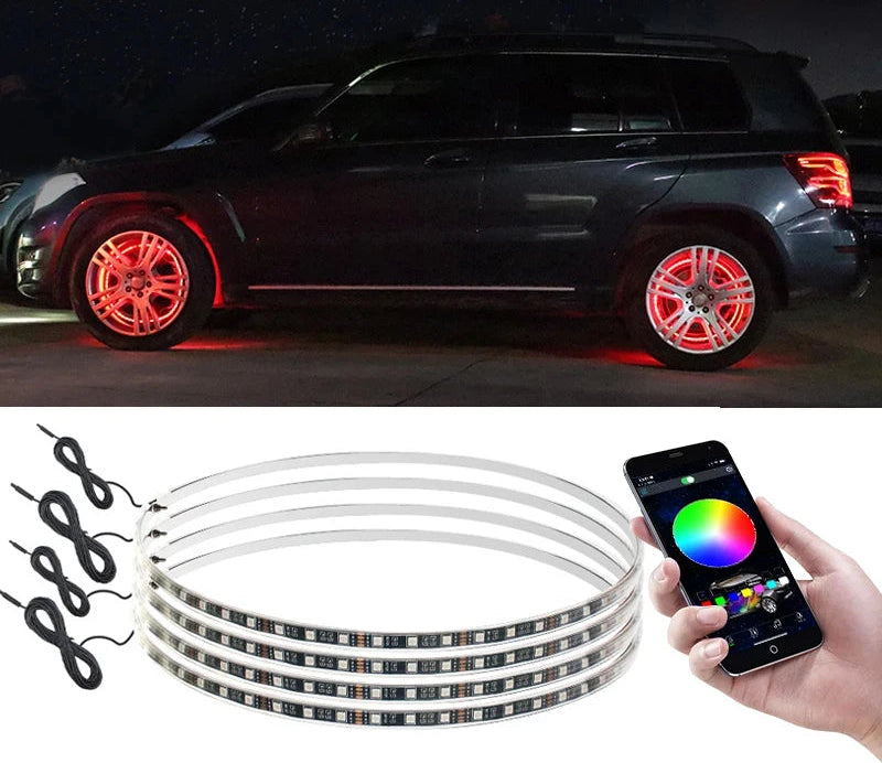 4Pcs 120Cm Rgb Led Car Hub Lamp Sound Control Waterproof Flexible 12V Auto Wheel Ring Decorative Atmosphere Light