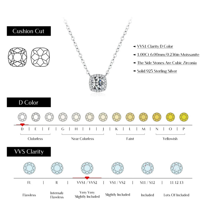 925 Sterling Silver 1Ct Square Cushion Moissanite Pendant Necklacebridal Jewelry