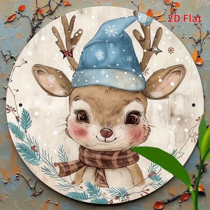 Round Holiday Metal Sign With Cute Deer Design 7.8X7.8 Inches