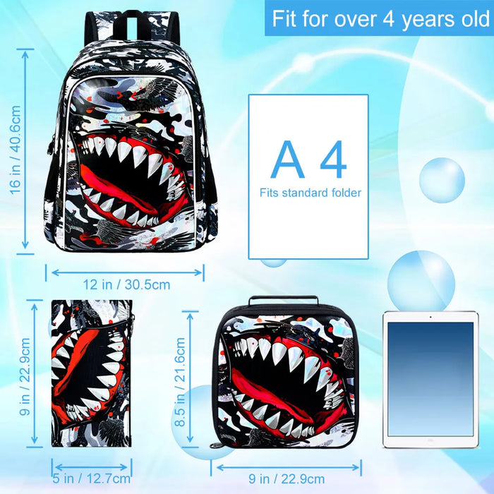 3 Piece Shark Backpack Set For Boys 16 Inch Bookbag With Lunch Box Elementary School