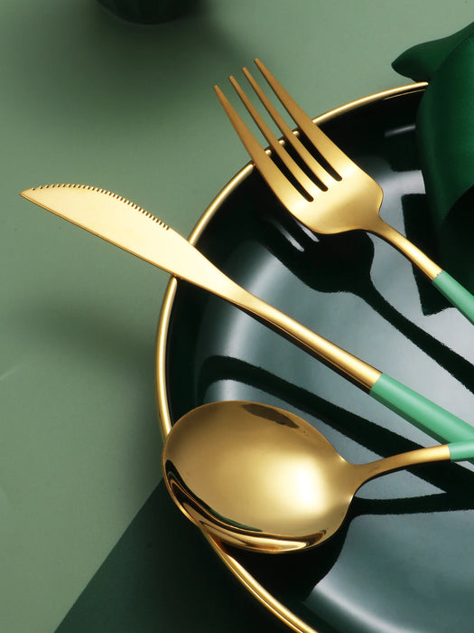 4 Piece Green Stainless Steel Tableware Set