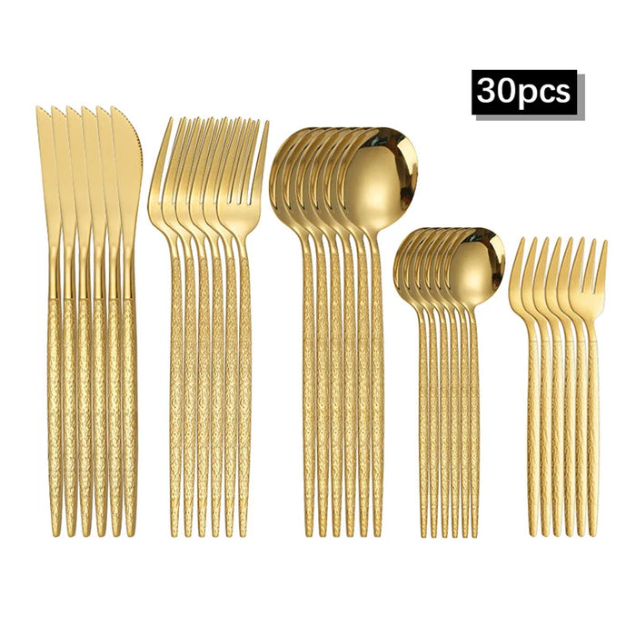 30 Piece Gold Hammered Stainless Steel Cutlery Set Dishwasher Safe