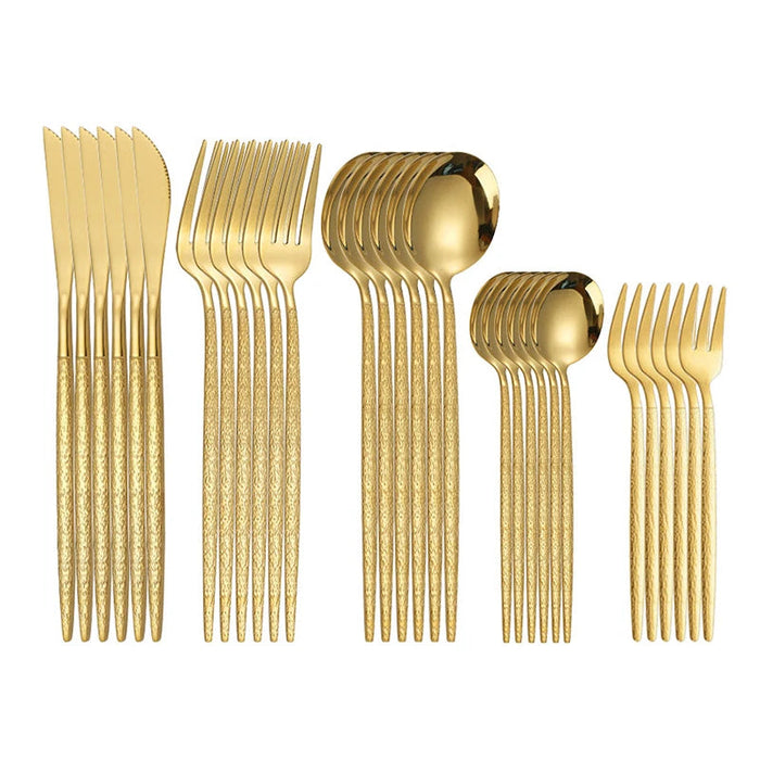30 Piece Gold Hammered Stainless Steel Cutlery Set Dishwasher Safe