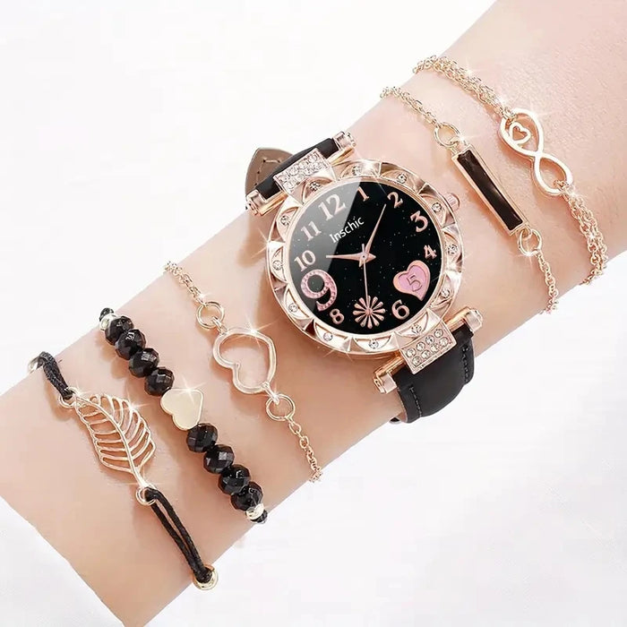6 Piece Rhinestone Heart Dial Watch Bracelet Set