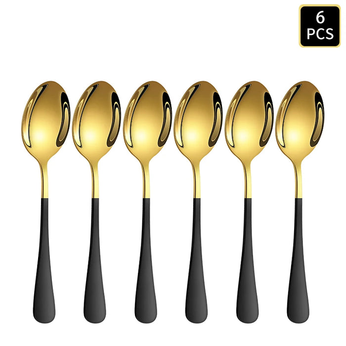 4 / 6 / 16 / 24 Piece Gold & Black Stainless Steel Cutlery Set Round Handle