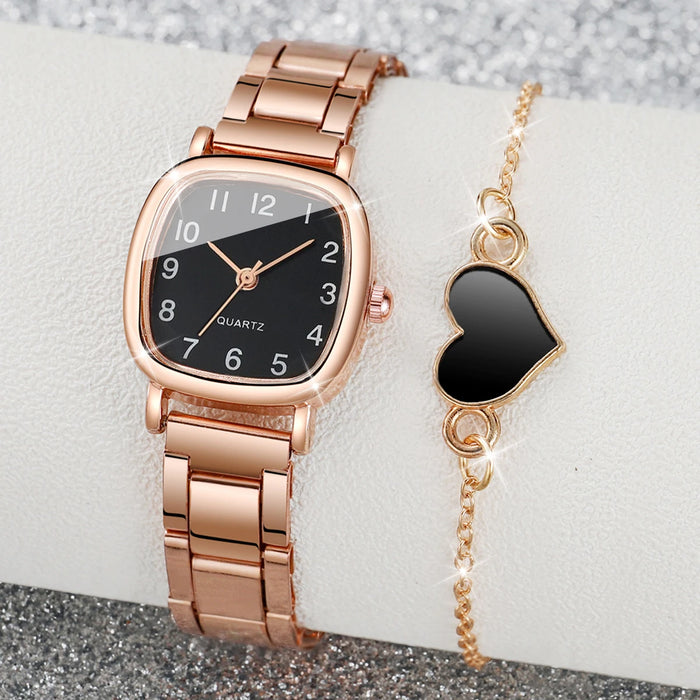 2 Piece Square Quartz Watch Steel Band Heart Bracelet