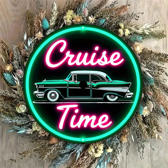 Retro Car Sign 7.8 Round Aluminum Wall Art For Bar Cafe Or Beach Decor