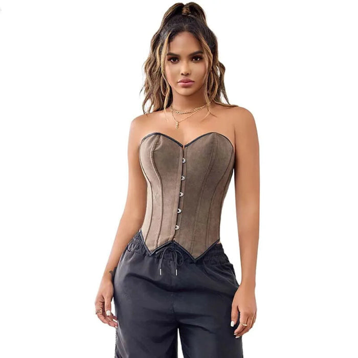 Army Green Steampunk Bustier Front Busk Back Tight Deep V-Neck Strapless Velvet Corset Top