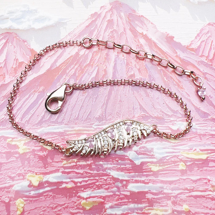 925 Sterling Silver Phoenix Wing Rose Gold Bracelet With Pink Stones Link Chain For Women